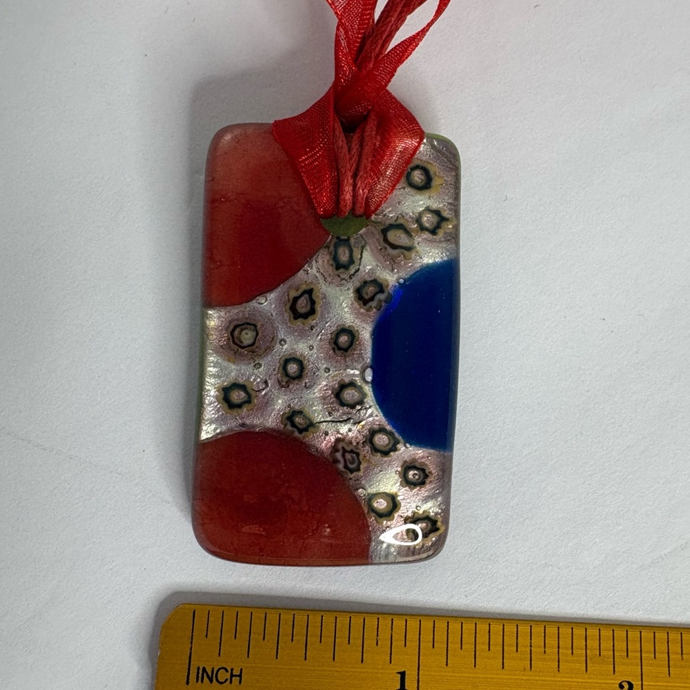 Colorful Fused Glass Pendant with Red Ribbon NWOT